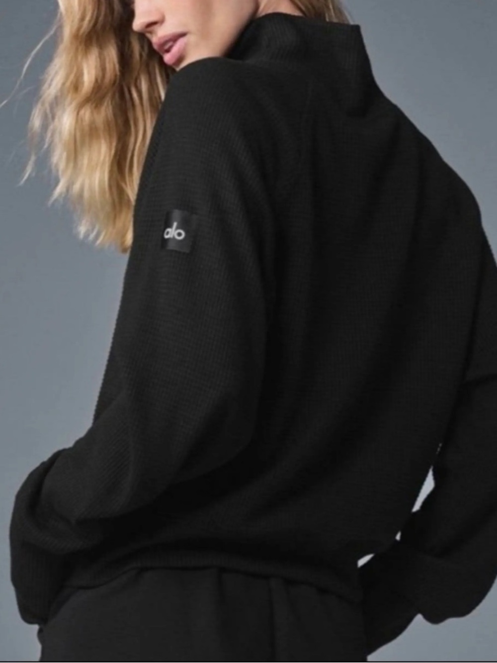 ALO Yoga Black Waffle Weekend Escape Long Sleeve Sweater NWOT
